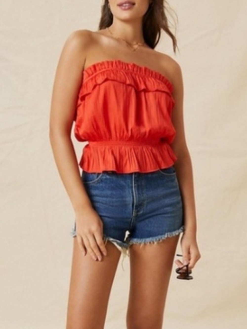 ​NWT Anthropologie Red Coral Papaya Ruffle Smocked Tube Top XL